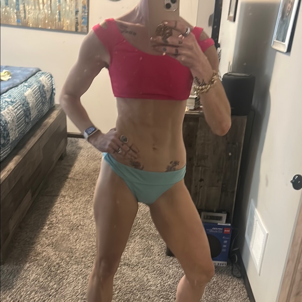 Pink Crop Top and Blue Bikini Bottom